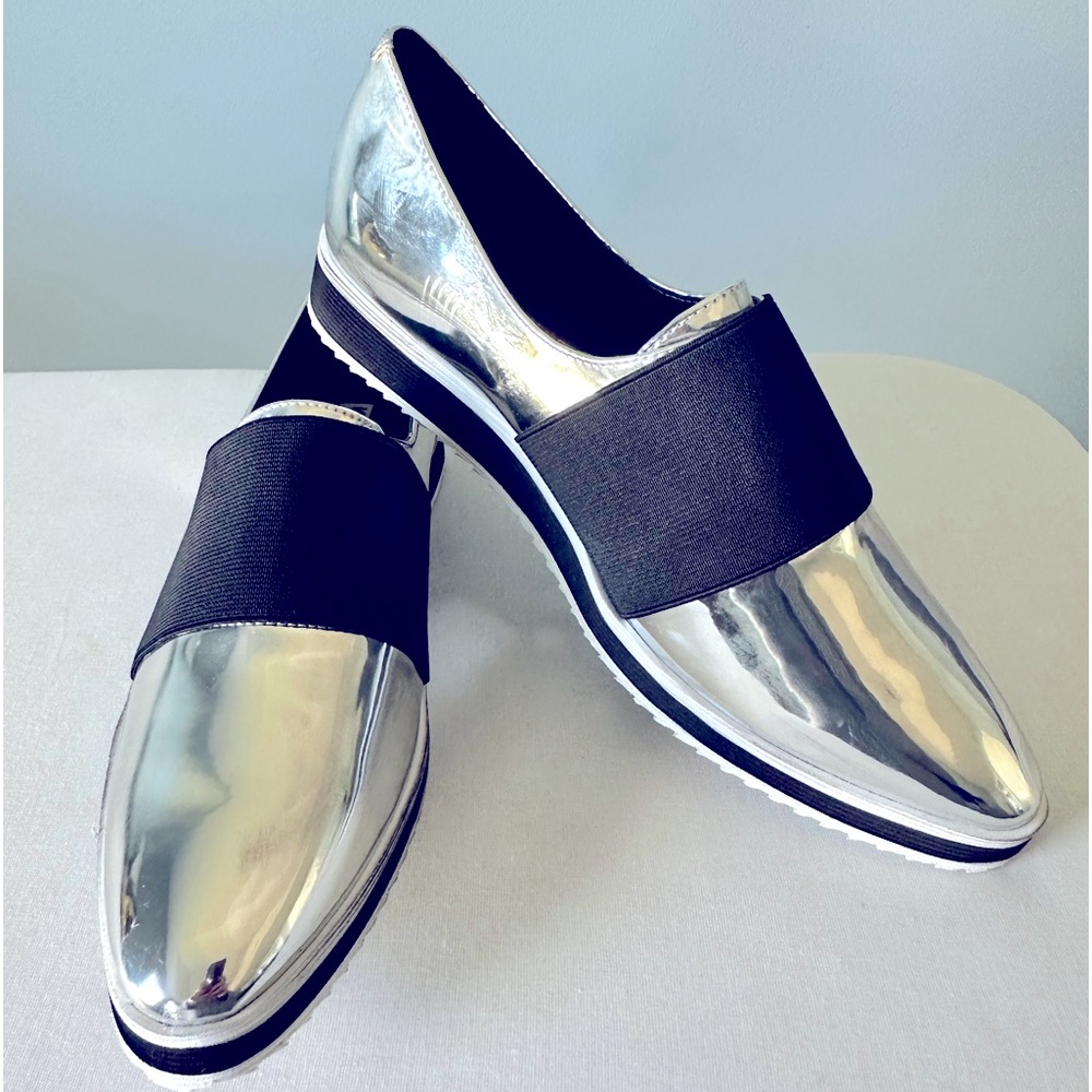Lagerfeld Reflective Slip On Silver Loafers with Black Accent